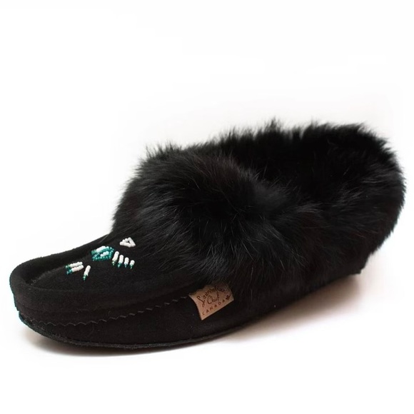 Laurentian Chief Genuine Black Suede and Rabbit Fur Moccasins - Picture 1 of 8